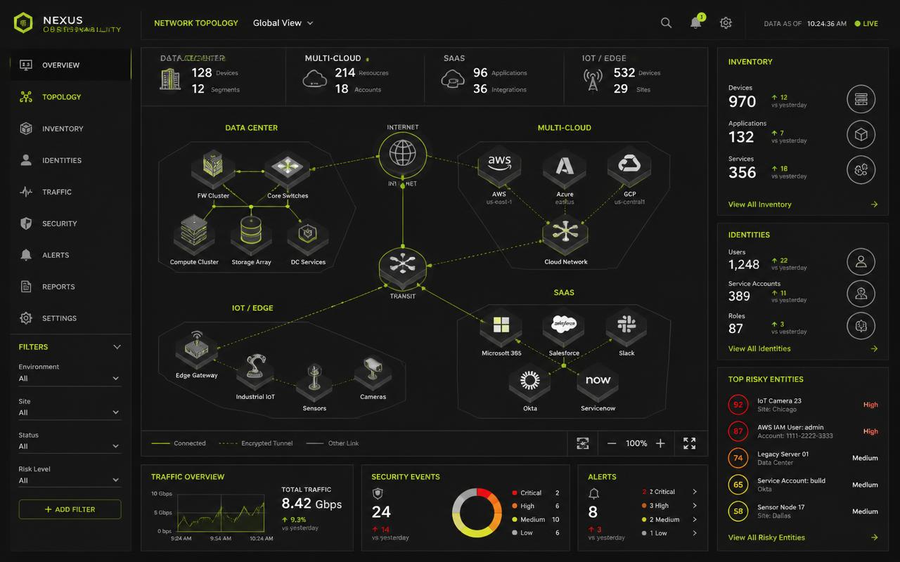 Network observability console showing a hybrid estate topology across data centre, multi-cloud, SaaS and IoT zones with device and identity inventory panels